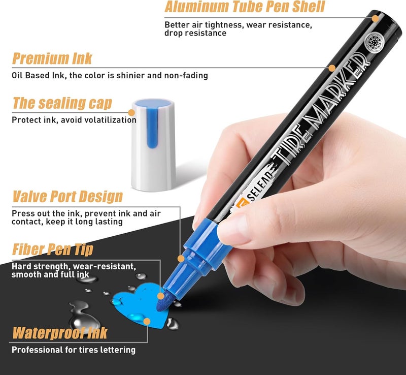 SELEAD Tire Marker White Red Yellow Blue - 8 Pack Paint Pens for Car Tires Lettering, Premium Professional Oil Based Waterproof Colored Permanent Markers - Image 5